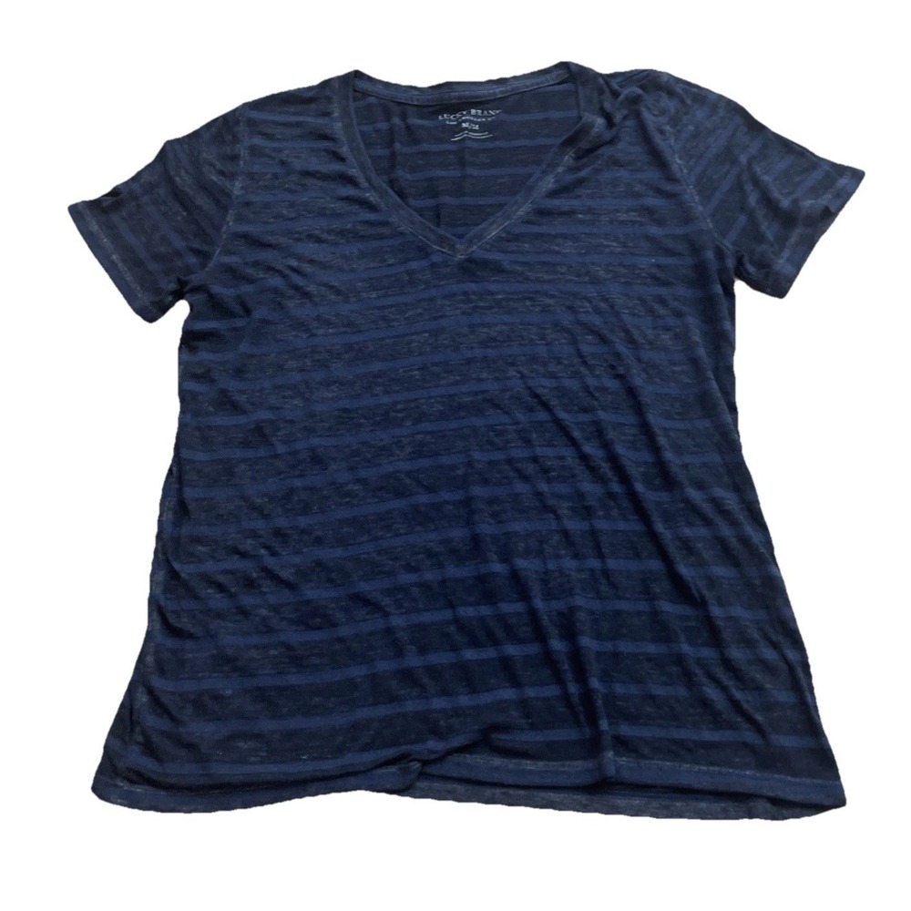 Lucky Brand V Neck Top Shirt Navy‎ Blue Striped Short Sleeve Women's M